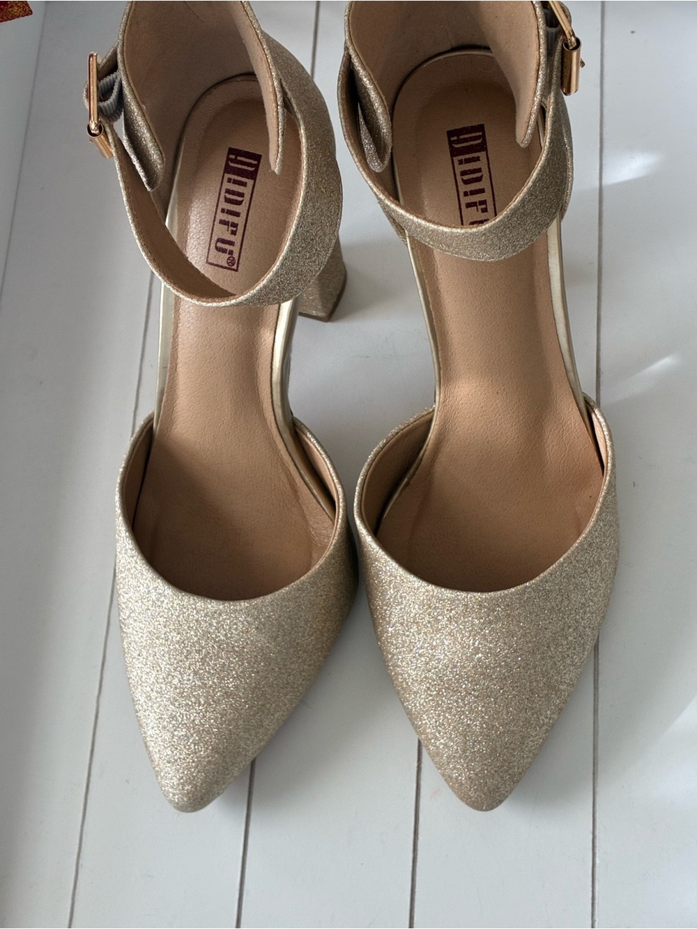 Blondo Champagne Glitter Ankle-Strap Pointed-Toe Heels